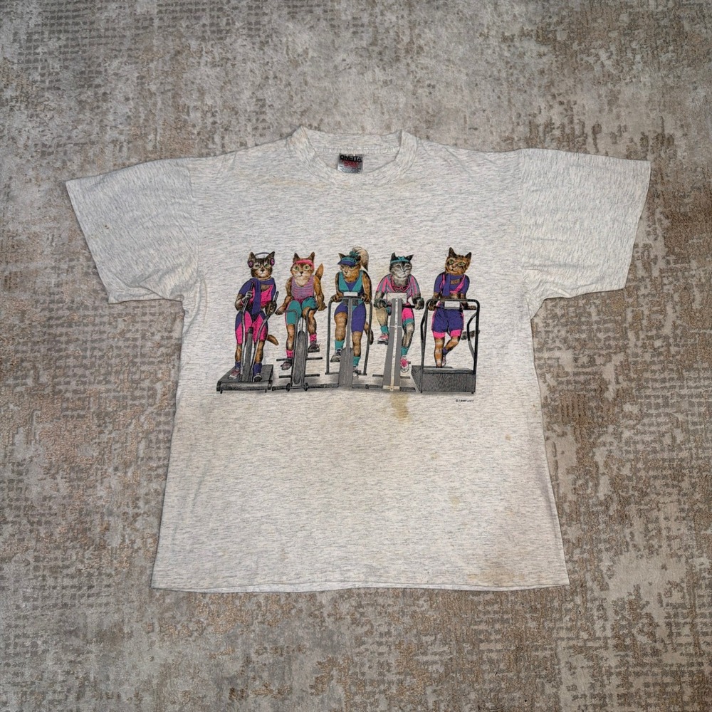 Vintage 90s Oneita Workout Aerobics Cats Double-Sided Graphic Print T-Shirt